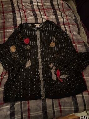 Teddi Black Cardigan with Red and Gold Floral Embroidery